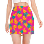 Pink Tropical Banana Pattern Print Side Slit Mini Skirt