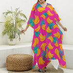 Pink Tropical Banana Pattern Print Silk V-Neck Kaftan Dress