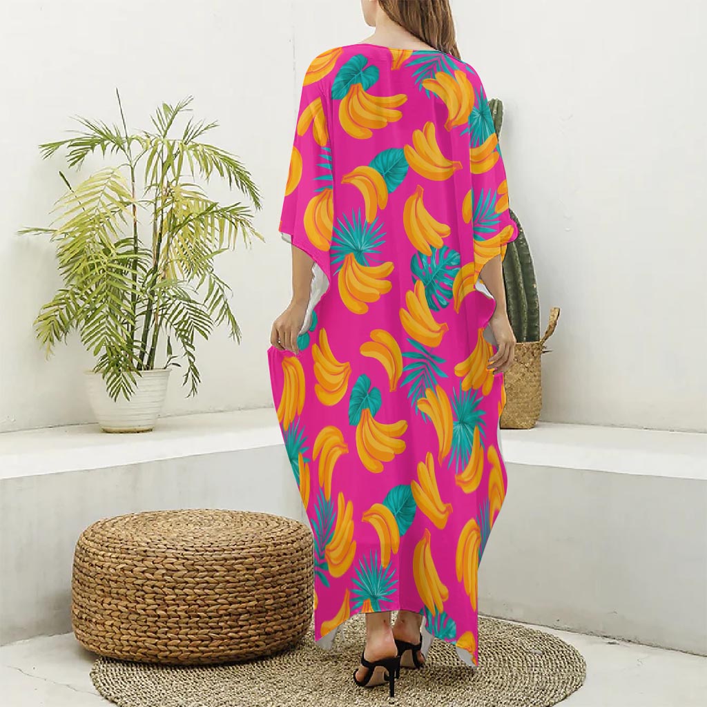 Pink Tropical Banana Pattern Print Silk V-Neck Kaftan Dress