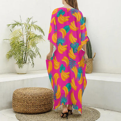 Pink Tropical Banana Pattern Print Silk V-Neck Kaftan Dress