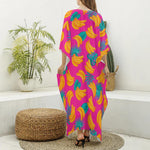 Pink Tropical Banana Pattern Print Silk V-Neck Kaftan Dress