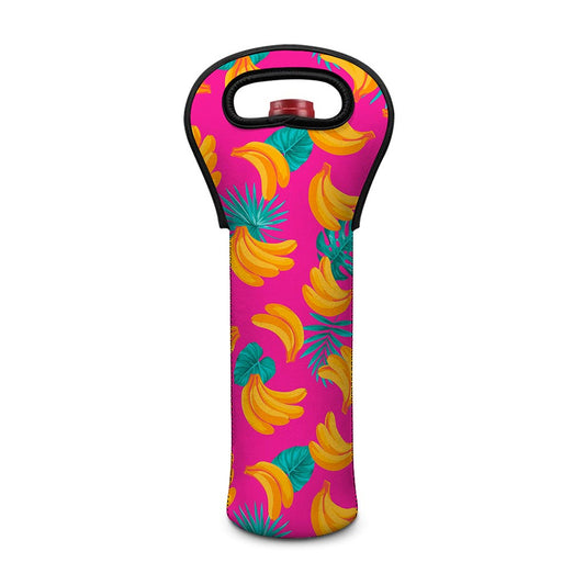 Pink Tropical Banana Pattern Print Single Neoprene Wine Tote