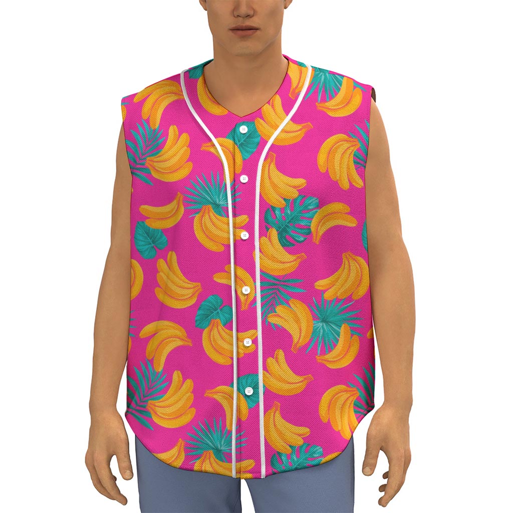 Pink Tropical Banana Pattern Print Sleeveless Baseball Jersey