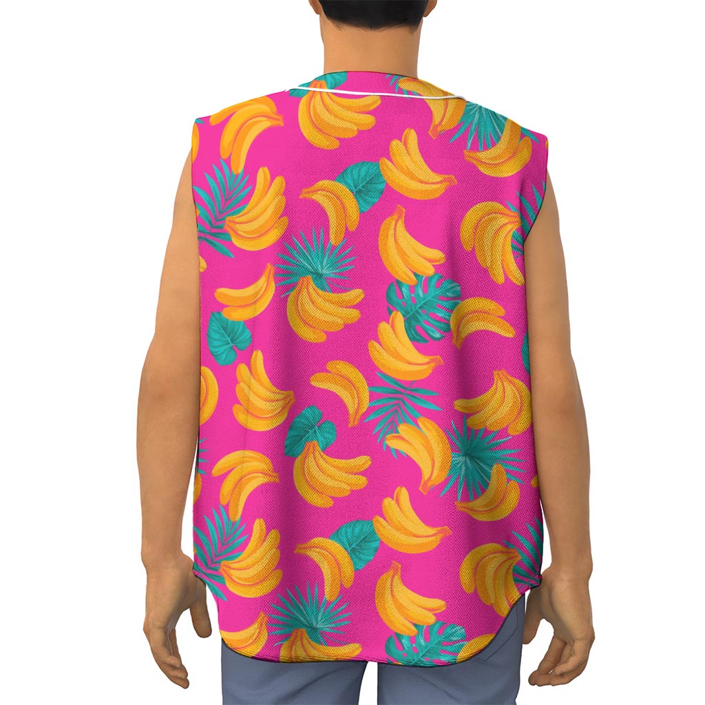 Pink Tropical Banana Pattern Print Sleeveless Baseball Jersey