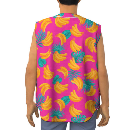 Pink Tropical Banana Pattern Print Sleeveless Baseball Jersey
