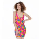 Pink Tropical Banana Pattern Print Sleeveless Bodycon Dress