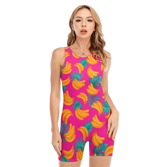 Pink Tropical Banana Pattern Print Sleeveless One Piece Swimsuit