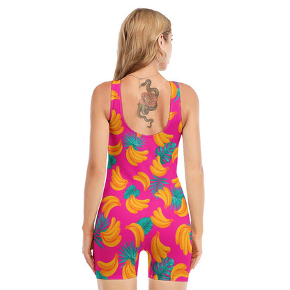 Pink Tropical Banana Pattern Print Sleeveless One Piece Swimsuit
