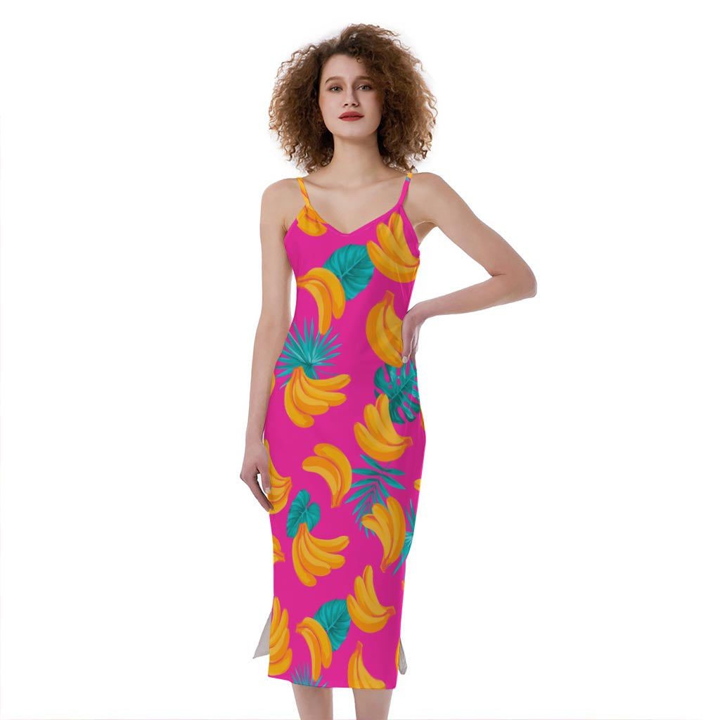 Pink Tropical Banana Pattern Print Slim Fit Midi Cami Dress