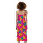 Pink Tropical Banana Pattern Print Slim Fit Midi Cami Dress