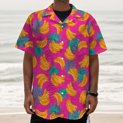 Pink Tropical Banana Pattern Print Textured Short Sleeve Shirt
