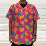 Pink Tropical Banana Pattern Print Textured Short Sleeve Shirt