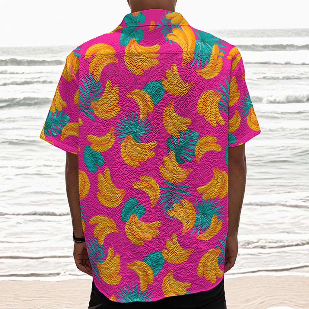 Pink Tropical Banana Pattern Print Textured Short Sleeve Shirt