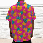 Pink Tropical Banana Pattern Print Textured Short Sleeve Shirt