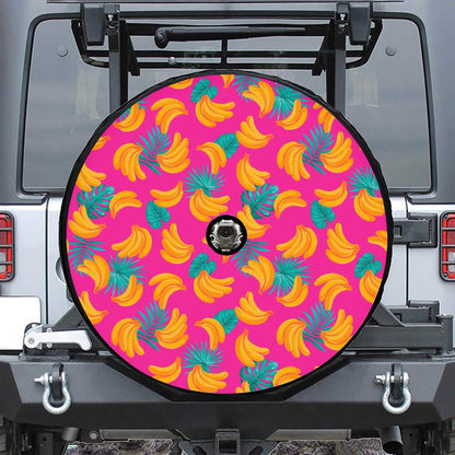 Pink Tropical Banana Pattern Print Tire Cover With Camera Hole