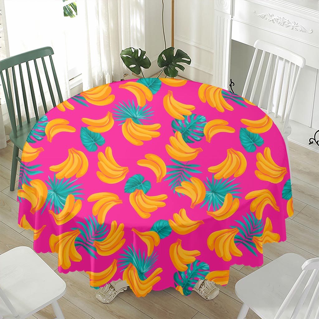 Pink Tropical Banana Pattern Print Waterproof Round Tablecloth