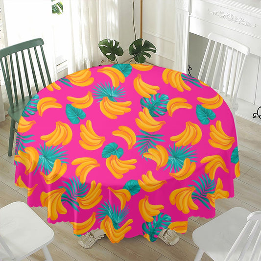 Pink Tropical Banana Pattern Print Waterproof Round Tablecloth