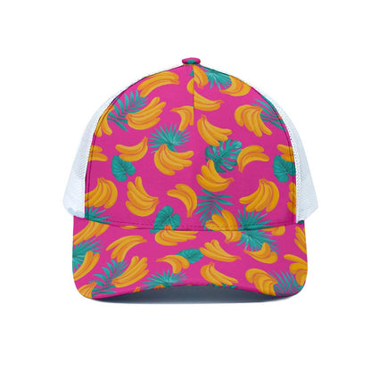 Pink Tropical Banana Pattern Print White Mesh Trucker Cap