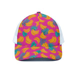 Pink Tropical Banana Pattern Print White Mesh Trucker Cap
