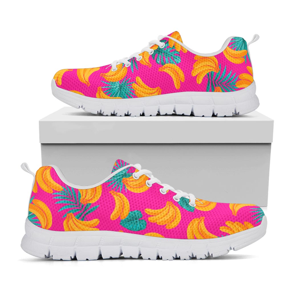 Pink Tropical Banana Pattern Print White Running Shoes