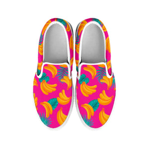 Pink Tropical Banana Pattern Print White Slip On Sneakers