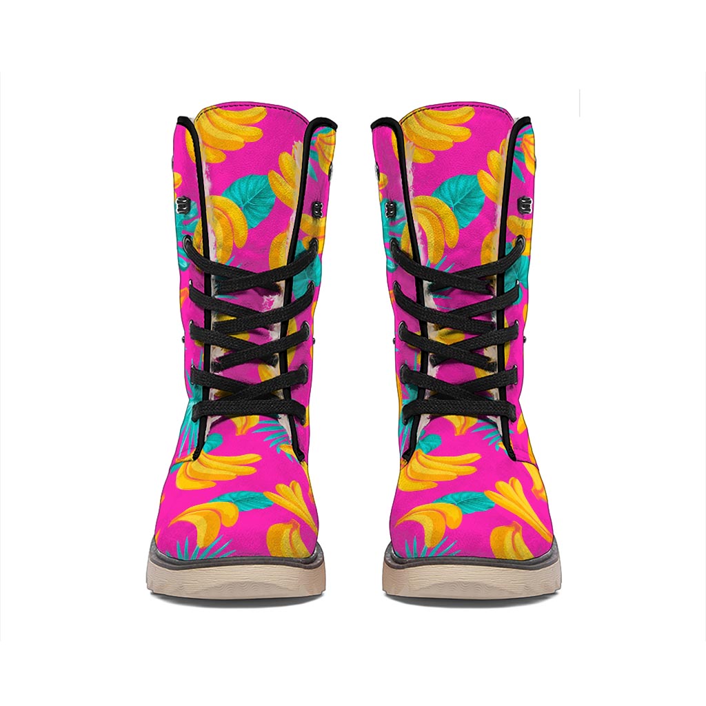 Pink Tropical Banana Pattern Print Winter Boots