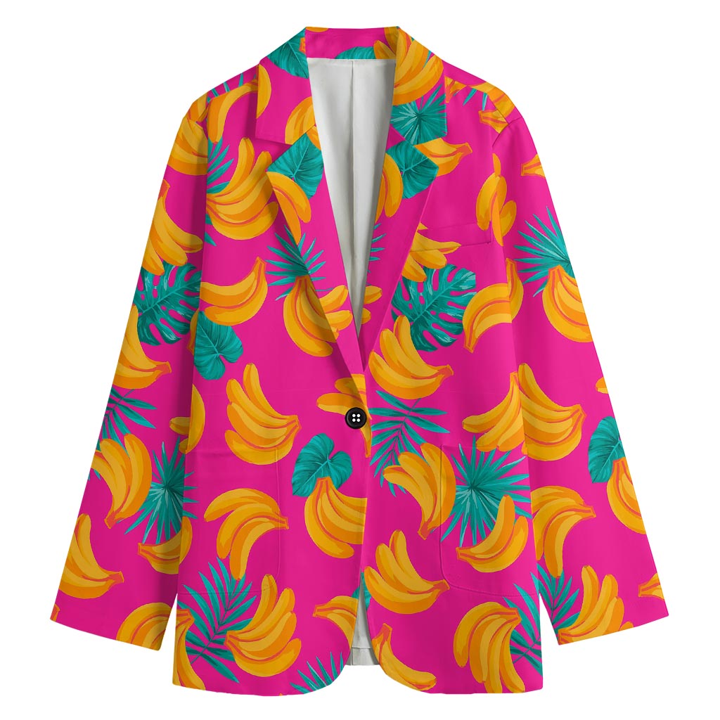 Pink Tropical Banana Pattern Print Women's Cotton Blazer