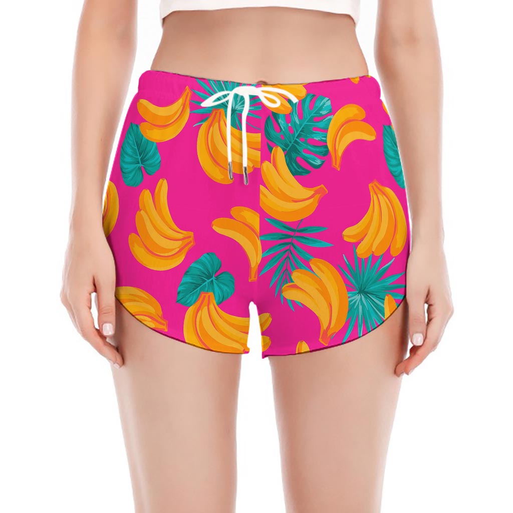 Pink Tropical Banana Pattern Print Women's Split Running Shorts