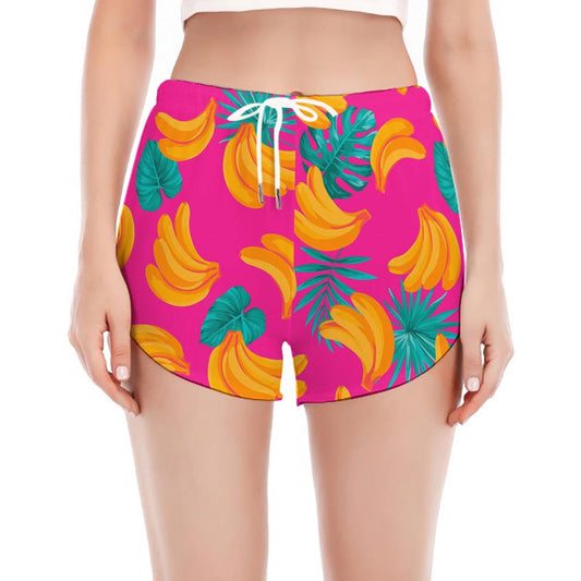 Pink Tropical Banana Pattern Print Women's Split Running Shorts