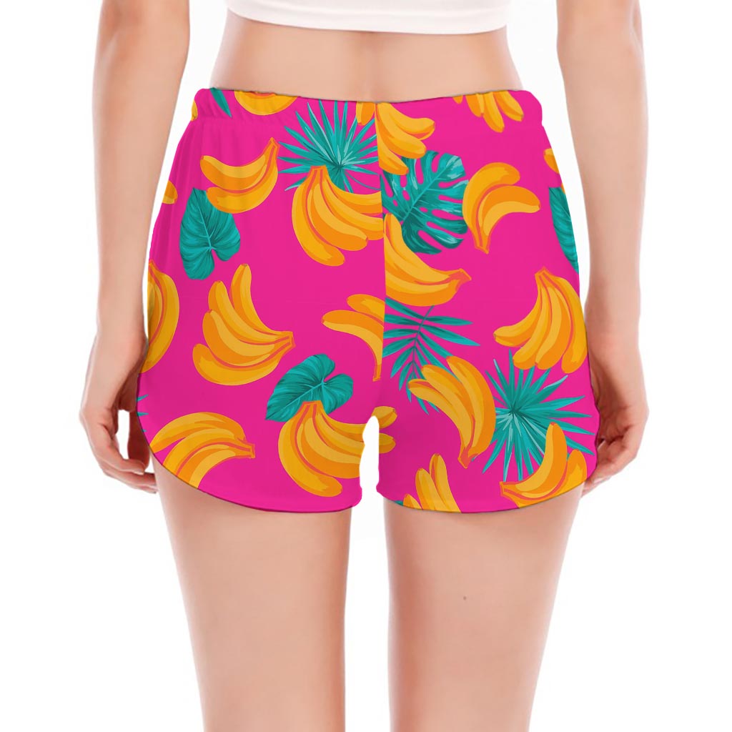 Pink Tropical Banana Pattern Print Women's Split Running Shorts
