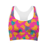 Pink Tropical Banana Pattern Print Women's Sports Bra