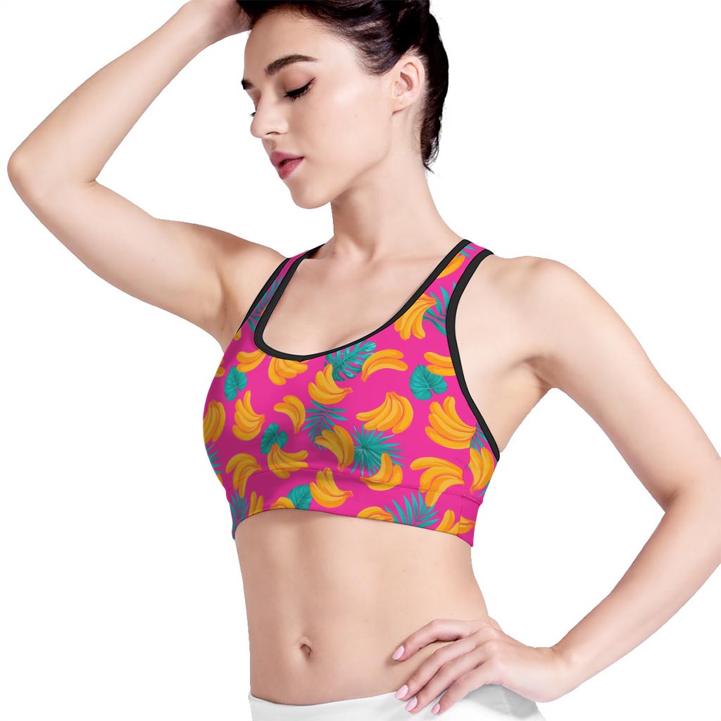 Pink Tropical Banana Pattern Print Women's Sports Bra