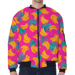Pink Tropical Banana Pattern Print Zip Sleeve Bomber Jacket