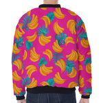 Pink Tropical Banana Pattern Print Zip Sleeve Bomber Jacket