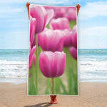Pink Tulip Print Beach Towel