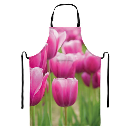 Pink Tulip Print Bib Apron With Pocket