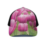 Pink Tulip Print Black Mesh Trucker Cap
