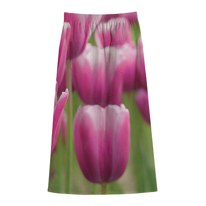 Pink Tulip Print Cotton Front Slit Maxi Skirt