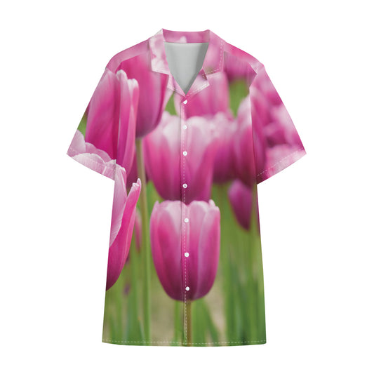 Pink Tulip Print Cotton Hawaiian Shirt
