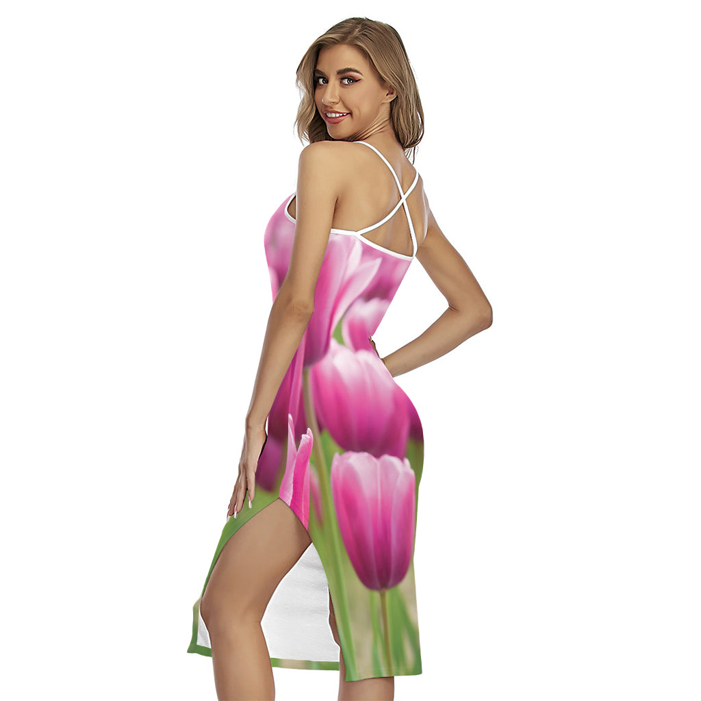 Pink Tulip Print Cross Back Cami Dress