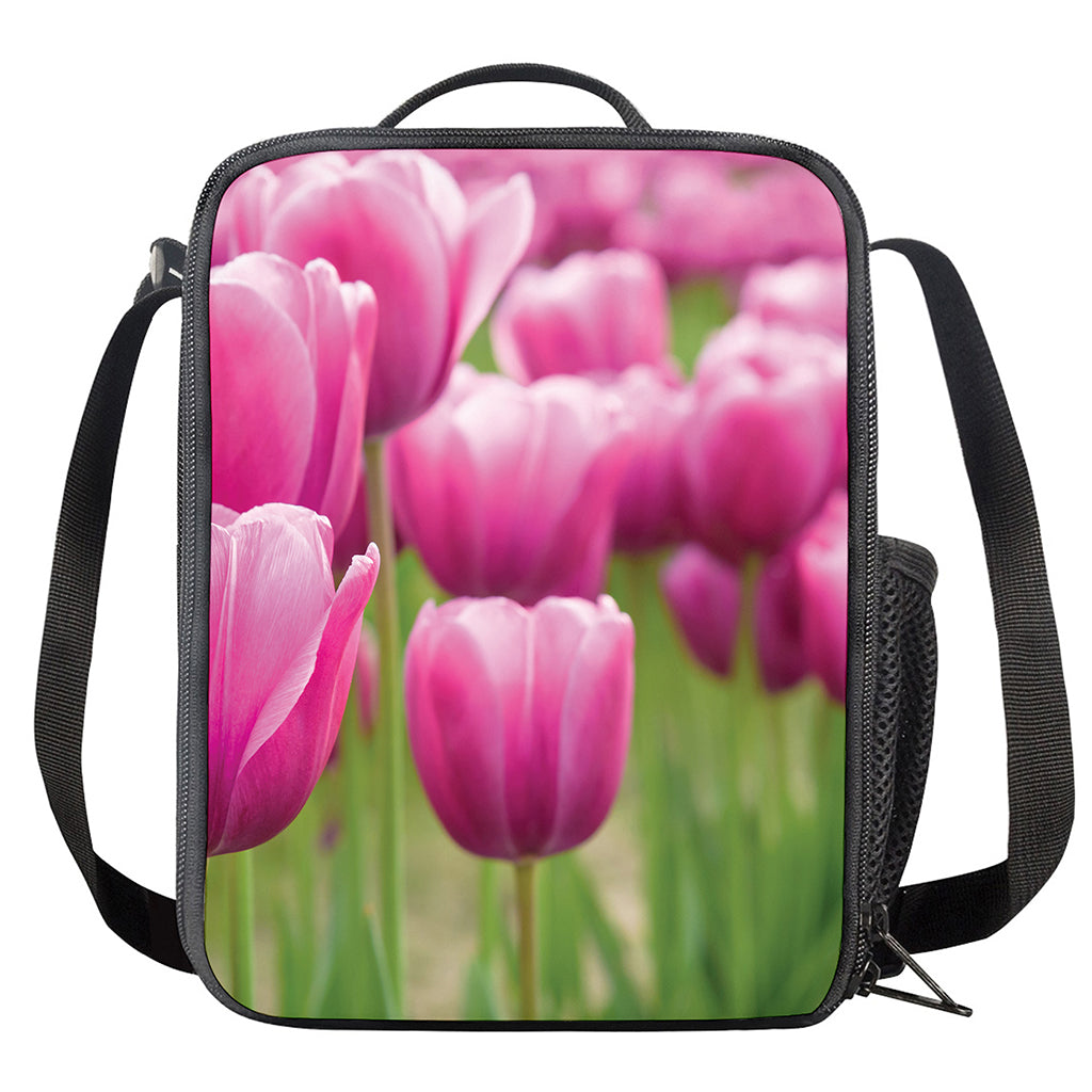 Pink Tulip Print Crossbody Lunch Bag