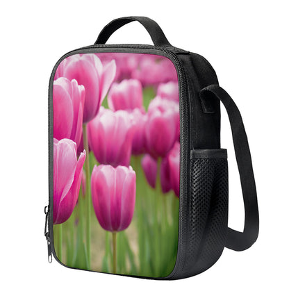 Pink Tulip Print Crossbody Lunch Bag