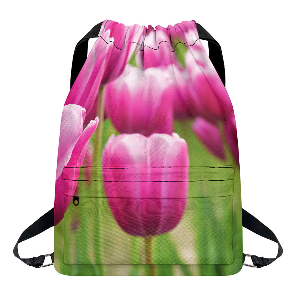 Pink Tulip Print Drawstring Backpack