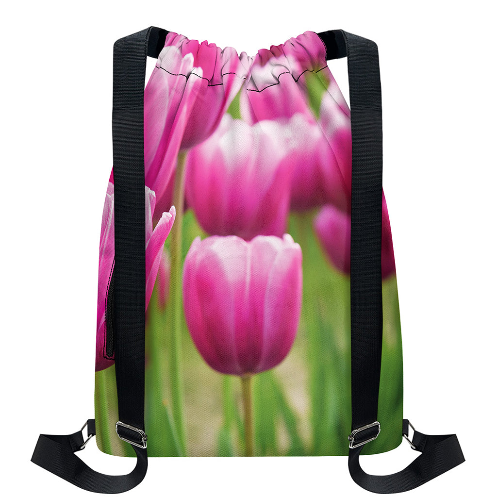 Pink Tulip Print Drawstring Backpack