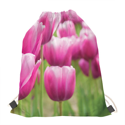 Pink Tulip Print Drawstring Bag