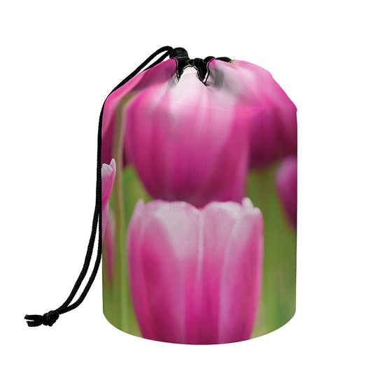 Pink Tulip Print Drawstring Makeup Bag
