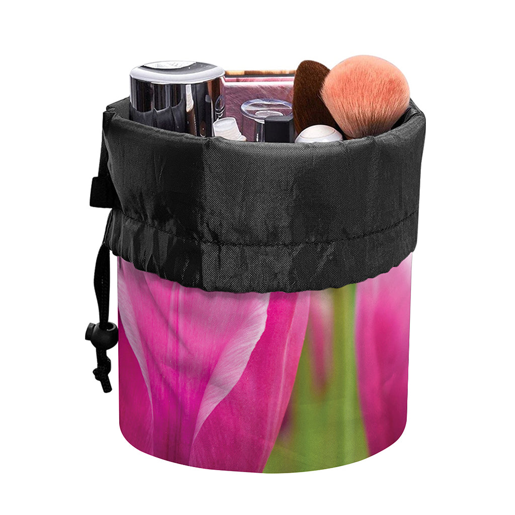 Pink Tulip Print Drawstring Makeup Bag