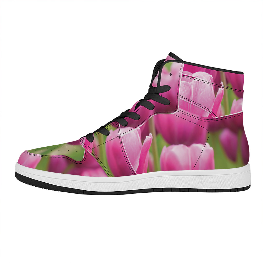 Pink Tulip Print High Top Leather Sneakers