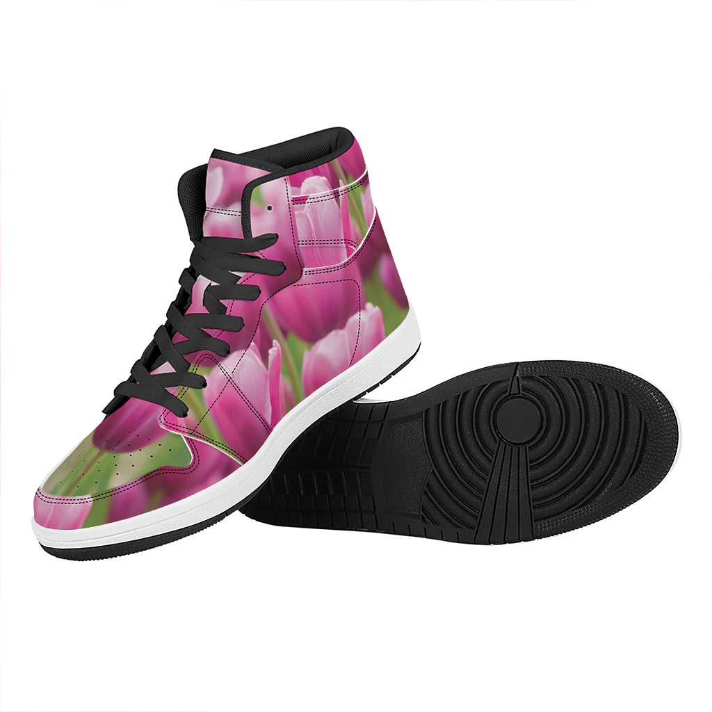 Pink Tulip Print High Top Leather Sneakers