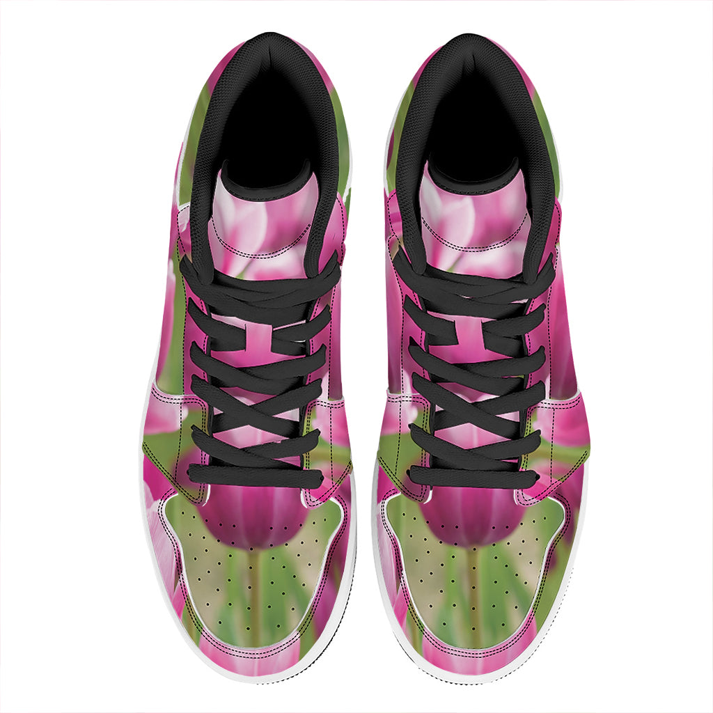 Pink Tulip Print High Top Leather Sneakers